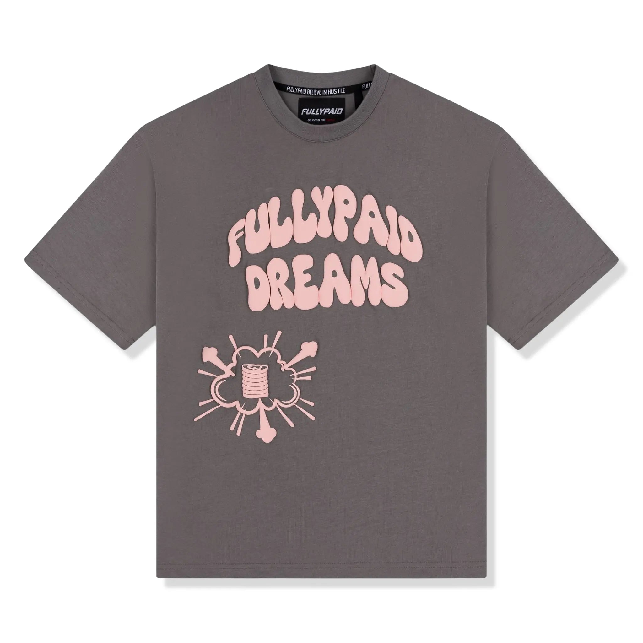 Front View of Fully Paid Dreams Charcoal Grey Pink Oversized T-Shirt